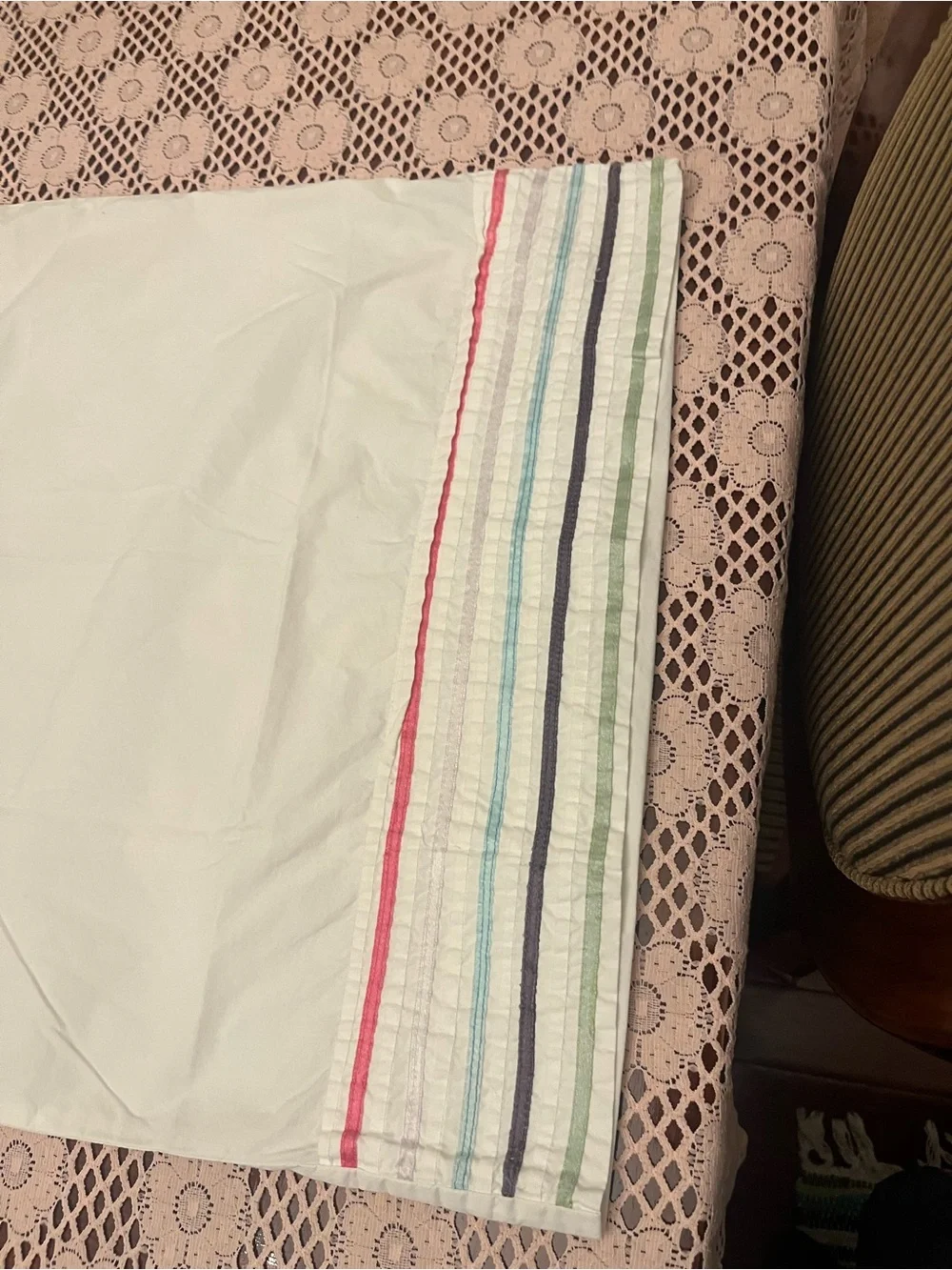 Light Mint Cotton Pillowcase with Multicolor Striped Hem